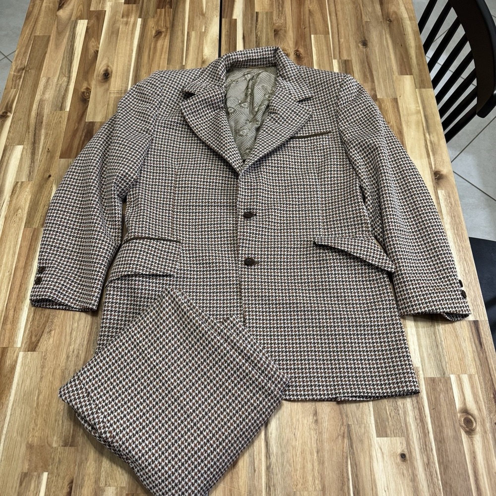 Vintage Sears Travel Knit Suit Mens 38S Brown Houndstooth 32x26 Pants 70s